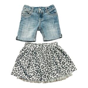 2-Piece Denim Shorts and Leopard Skort Set Girls size 4/5 XS Cherokee and Sonoma